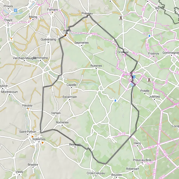 Map miniature of "The Écaillon Trail" cycling inspiration in Nord-Pas de Calais, France. Generated by Tarmacs.app cycling route planner