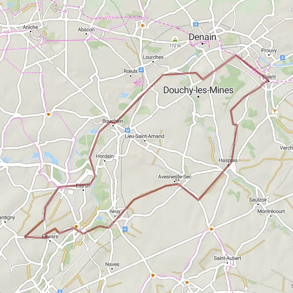 Miniature de la carte de l'inspiration cycliste "Boucle de gravel de la Sambre" dans la Nord-Pas de Calais, France. Générée par le planificateur d'itinéraire cycliste Tarmacs.app