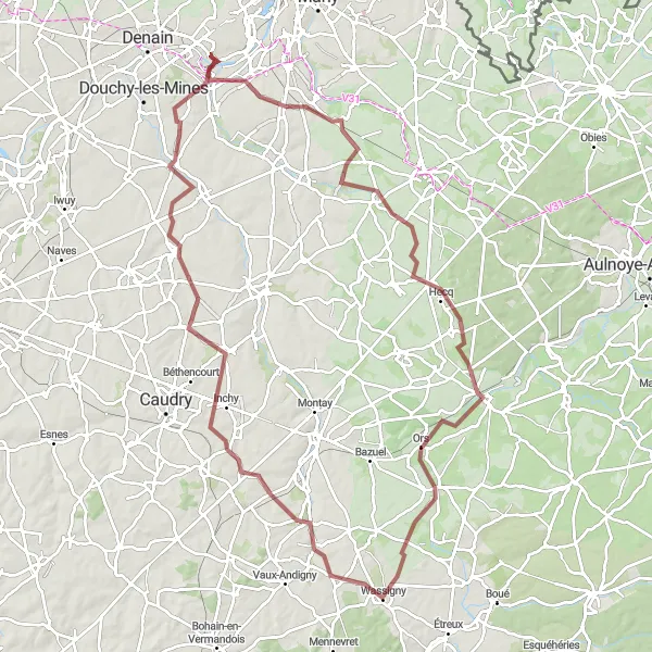 Map miniature of "The Sambre Adventure" cycling inspiration in Nord-Pas de Calais, France. Generated by Tarmacs.app cycling route planner