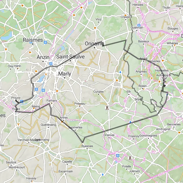 Miniature de la carte de l'inspiration cycliste "Tour en campagne autour de Valenciennes" dans la Nord-Pas de Calais, France. Générée par le planificateur d'itinéraire cycliste Tarmacs.app