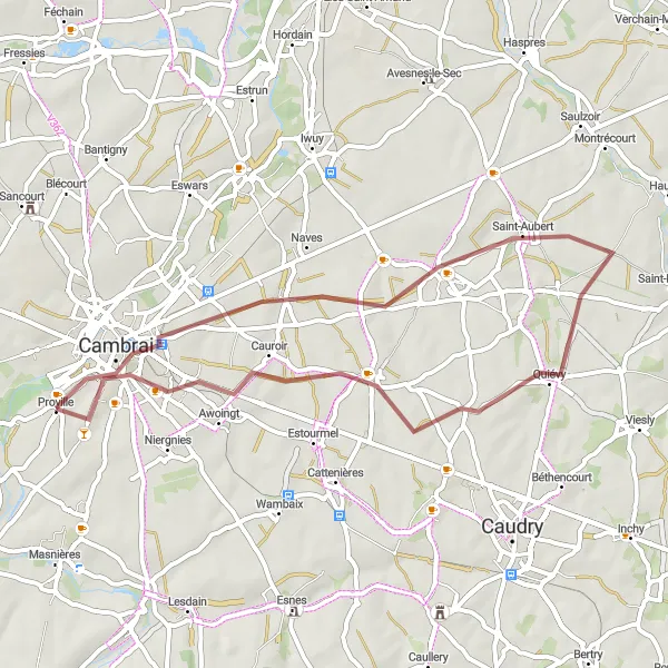 Miniature de la carte de l'inspiration cycliste "Gravel Route autour de Proville" dans la Nord-Pas de Calais, France. Générée par le planificateur d'itinéraire cycliste Tarmacs.app