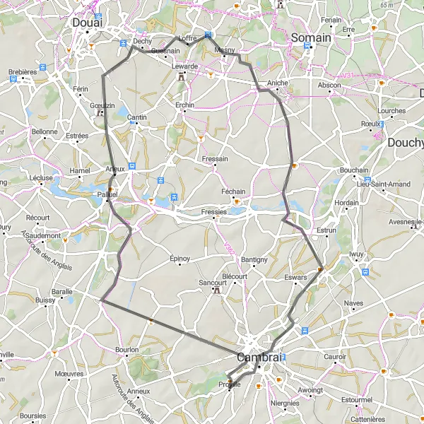 Miniature de la carte de l'inspiration cycliste "Parcours Routier Pittoresque près de Proville" dans la Nord-Pas de Calais, France. Générée par le planificateur d'itinéraire cycliste Tarmacs.app