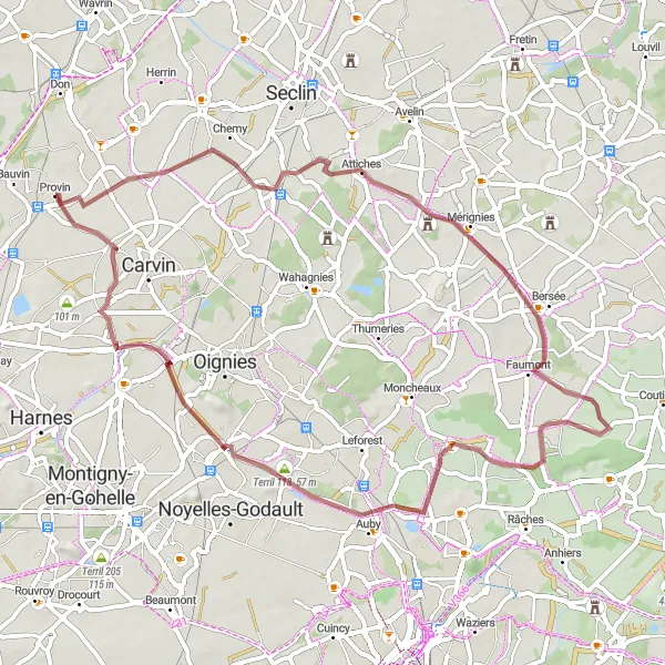 Miniature de la carte de l'inspiration cycliste "La Route des Villages Authentiques" dans la Nord-Pas de Calais, France. Générée par le planificateur d'itinéraire cycliste Tarmacs.app