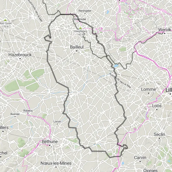 Miniature de la carte de l'inspiration cycliste "Chemin des Vallées et Collines" dans la Nord-Pas de Calais, France. Générée par le planificateur d'itinéraire cycliste Tarmacs.app
