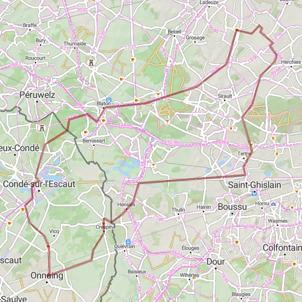 Miniature de la carte de l'inspiration cycliste "Parcours des Collines verdoyantes" dans la Nord-Pas de Calais, France. Générée par le planificateur d'itinéraire cycliste Tarmacs.app