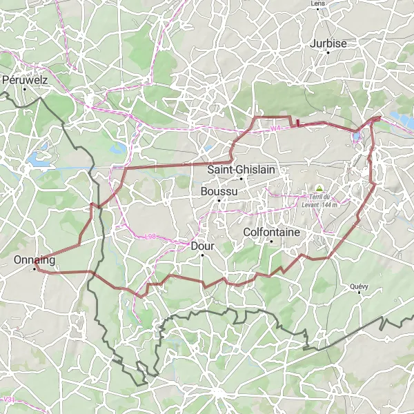 Map miniature of "Mons and Terril Gravel Route" cycling inspiration in Nord-Pas de Calais, France. Generated by Tarmacs.app cycling route planner