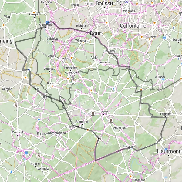 Map miniature of "Quiévrain Road Adventure" cycling inspiration in Nord-Pas de Calais, France. Generated by Tarmacs.app cycling route planner
