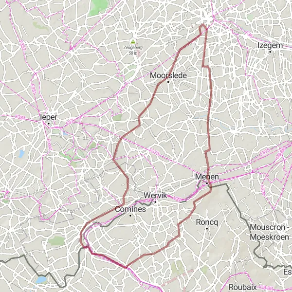 Miniature de la carte de l'inspiration cycliste "L'Aventure de Menen" dans la Nord-Pas de Calais, France. Générée par le planificateur d'itinéraire cycliste Tarmacs.app