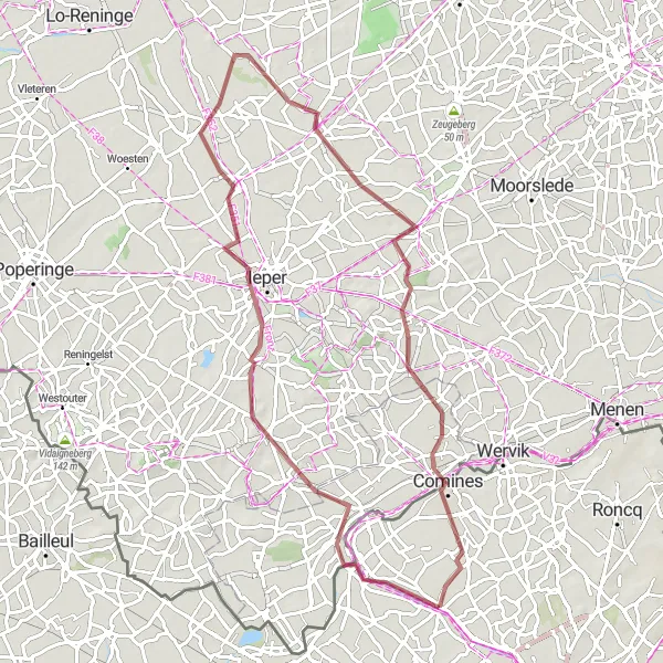 Map miniature of "The Wijtschate and Langemark-Poelkapelle Gravel Adventure" cycling inspiration in Nord-Pas de Calais, France. Generated by Tarmacs.app cycling route planner