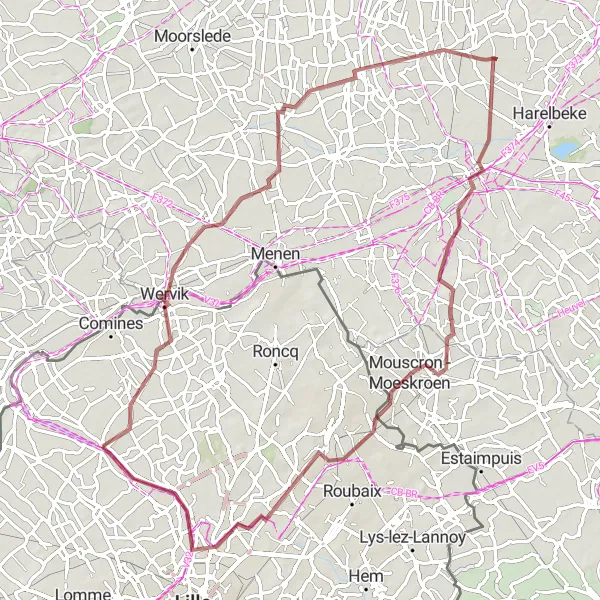 Map miniature of "The Mouscron - Moeskroen Gravel Adventure" cycling inspiration in Nord-Pas de Calais, France. Generated by Tarmacs.app cycling route planner