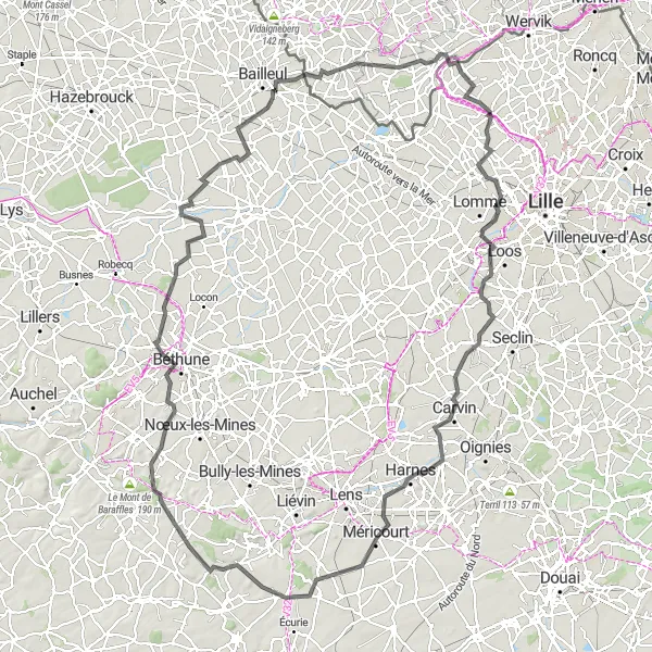 Miniature de la carte de l'inspiration cycliste "Le Défi de Bethune" dans la Nord-Pas de Calais, France. Générée par le planificateur d'itinéraire cycliste Tarmacs.app