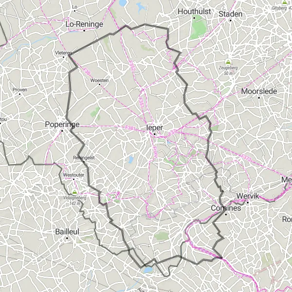 Map miniature of "The Winding Roads of West Flanders" cycling inspiration in Nord-Pas de Calais, France. Generated by Tarmacs.app cycling route planner