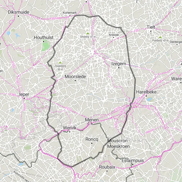 Miniature de la carte de l'inspiration cycliste "Le Tour de Kortrijk" dans la Nord-Pas de Calais, France. Générée par le planificateur d'itinéraire cycliste Tarmacs.app