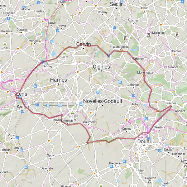 Miniature de la carte de l'inspiration cycliste "Les Chemins de Cuincy et Roost-Warendin" dans la Nord-Pas de Calais, France. Générée par le planificateur d'itinéraire cycliste Tarmacs.app