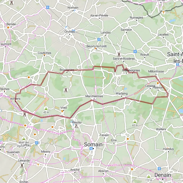 Miniature de la carte de l'inspiration cycliste "Le Tour de Lallaing et Flines-lez-Raches" dans la Nord-Pas de Calais, France. Générée par le planificateur d'itinéraire cycliste Tarmacs.app