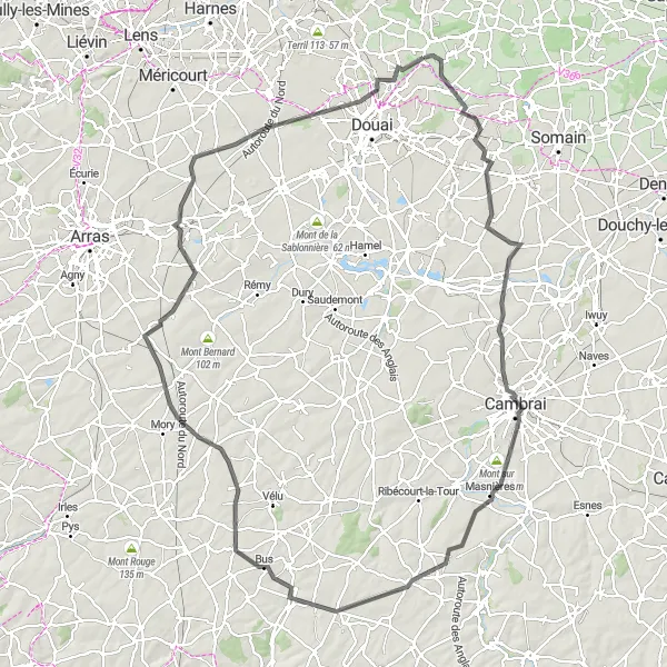 Miniature de la carte de l'inspiration cycliste "La Boucle de Lallaing et Roost-Warendin" dans la Nord-Pas de Calais, France. Générée par le planificateur d'itinéraire cycliste Tarmacs.app