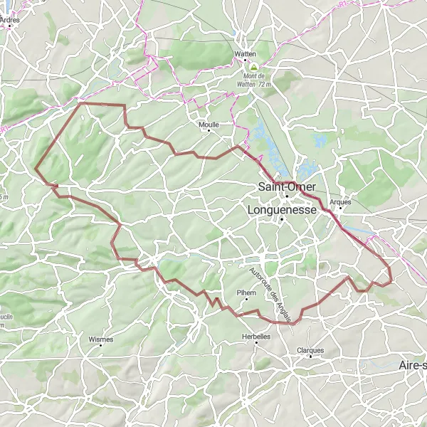 Map miniature of "Gravel Challenge: Tilques Circuit" cycling inspiration in Nord-Pas de Calais, France. Generated by Tarmacs.app cycling route planner