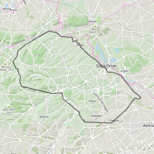 Miniature de la carte de l'inspiration cycliste "La Route des Monts du Nord" dans la Nord-Pas de Calais, France. Générée par le planificateur d'itinéraire cycliste Tarmacs.app