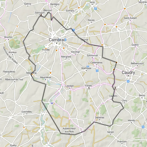 Miniature de la carte de l'inspiration cycliste "Les collines de Raillencourt" dans la Nord-Pas de Calais, France. Générée par le planificateur d'itinéraire cycliste Tarmacs.app