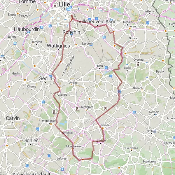 Miniature de la carte de l'inspiration cycliste "Boucle de Bouvines" dans la Nord-Pas de Calais, France. Générée par le planificateur d'itinéraire cycliste Tarmacs.app