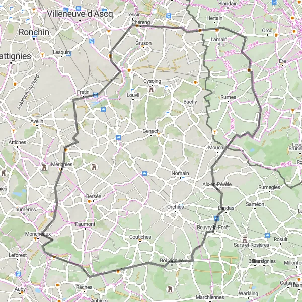 Miniature de la carte de l'inspiration cycliste "La boucle routière vers Fretin" dans la Nord-Pas de Calais, France. Générée par le planificateur d'itinéraire cycliste Tarmacs.app