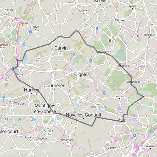 Map miniature of "The Road of Heritage" cycling inspiration in Nord-Pas de Calais, France. Generated by Tarmacs.app cycling route planner