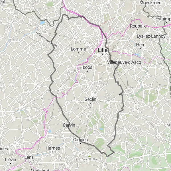 Miniature de la carte de l'inspiration cycliste "Route des Vallées Verdoyantes" dans la Nord-Pas de Calais, France. Générée par le planificateur d'itinéraire cycliste Tarmacs.app