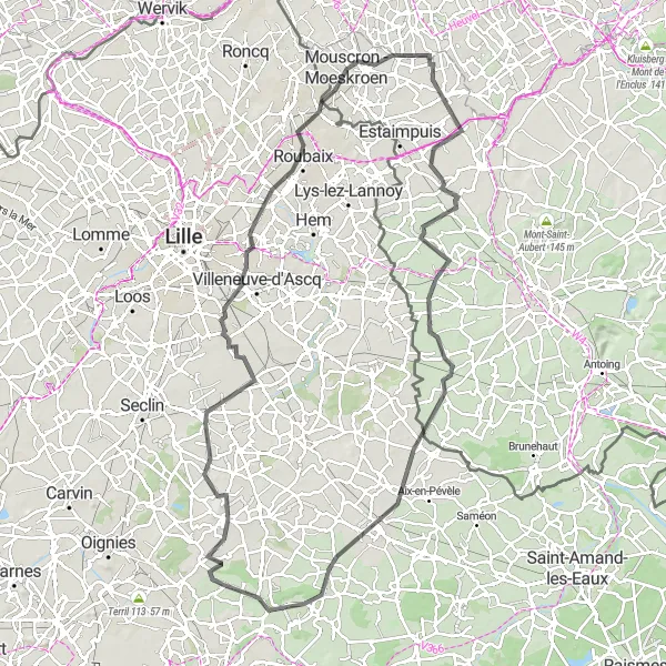 Miniature de la carte de l'inspiration cycliste "Parcours des Monts de Flandre" dans la Nord-Pas de Calais, France. Générée par le planificateur d'itinéraire cycliste Tarmacs.app