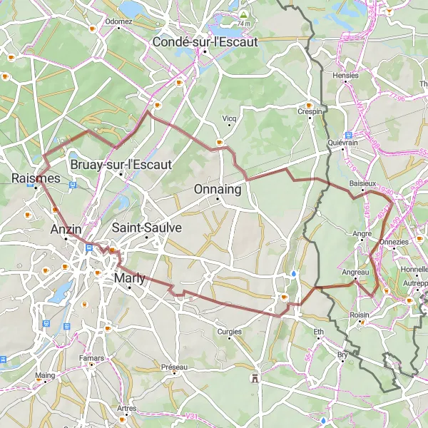 Miniature de la carte de l'inspiration cycliste "Les Sentiers du Valenciennois" dans la Nord-Pas de Calais, France. Générée par le planificateur d'itinéraire cycliste Tarmacs.app