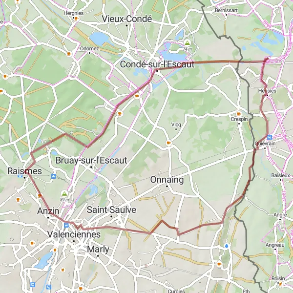 Map miniature of "A Scenic Gravel Tour Around Raismes" cycling inspiration in Nord-Pas de Calais, France. Generated by Tarmacs.app cycling route planner
