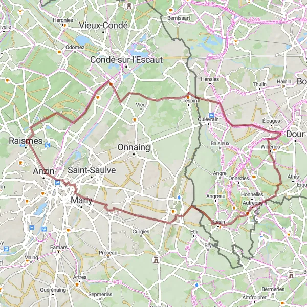 Map miniature of "Challenging Gravel Adventure near Raismes" cycling inspiration in Nord-Pas de Calais, France. Generated by Tarmacs.app cycling route planner