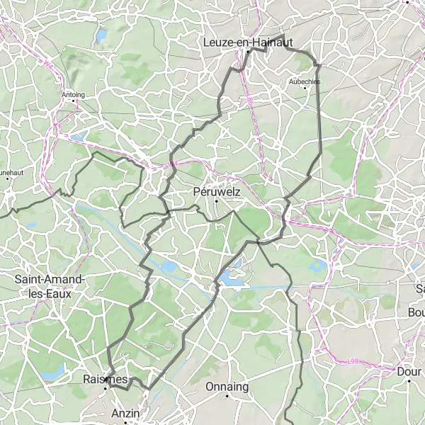Miniature de la carte de l'inspiration cycliste "Parcours à vélo de route autour de Raismes" dans la Nord-Pas de Calais, France. Générée par le planificateur d'itinéraire cycliste Tarmacs.app