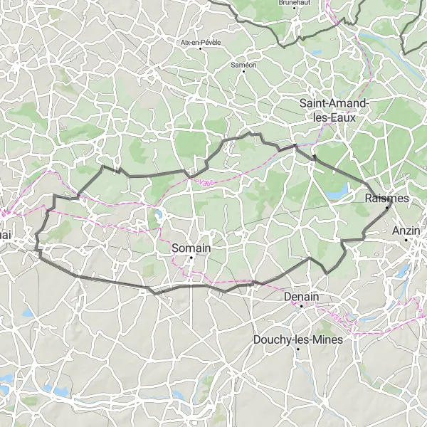 Map miniature of "Raismes and Surrounding Villages" cycling inspiration in Nord-Pas de Calais, France. Generated by Tarmacs.app cycling route planner