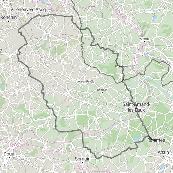 Map miniature of "Lesquin and Surrounding Countryside" cycling inspiration in Nord-Pas de Calais, France. Generated by Tarmacs.app cycling route planner