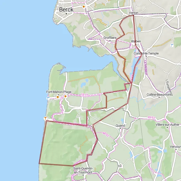 Miniature de la carte de l'inspiration cycliste "Escapade Nature en Gravel" dans la Nord-Pas de Calais, France. Générée par le planificateur d'itinéraire cycliste Tarmacs.app
