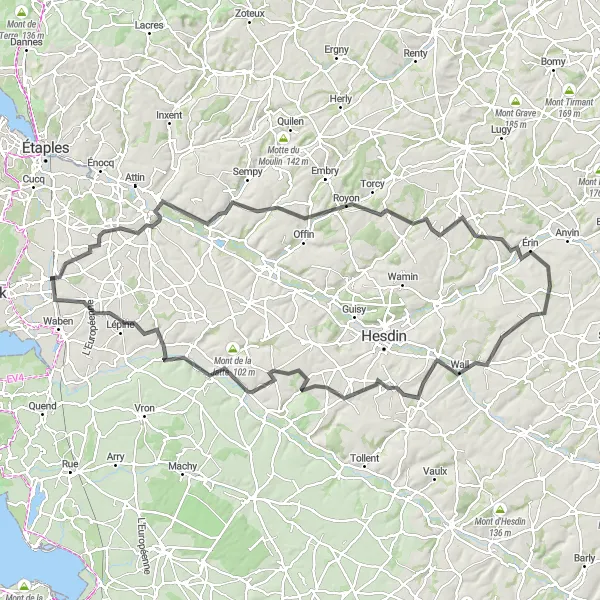 Map miniature of "The Airon-Saint-Vaast and Azincourt Road Cycling Route" cycling inspiration in Nord-Pas de Calais, France. Generated by Tarmacs.app cycling route planner