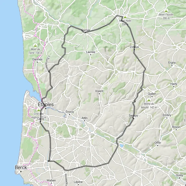 Map miniature of "Les Montagnes du Boulonnais" cycling inspiration in Nord-Pas de Calais, France. Generated by Tarmacs.app cycling route planner