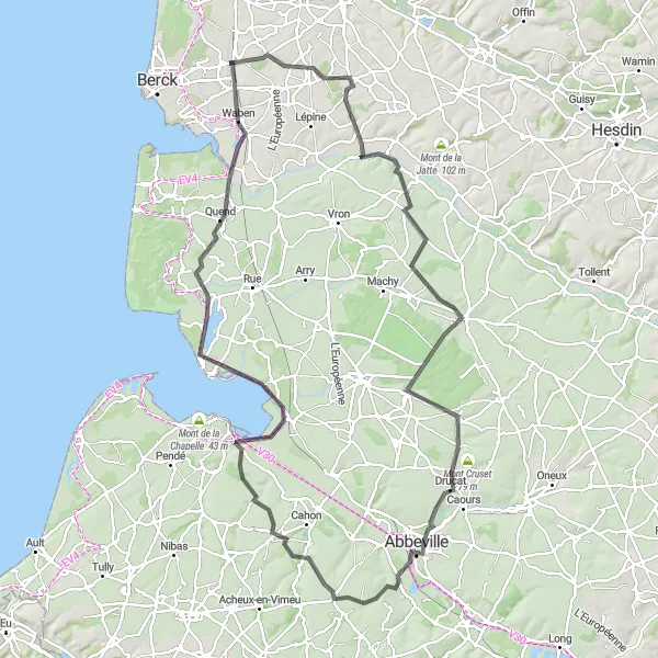 Map miniature of "The Mont des Rietz and Les Crupes Road Cycling Route" cycling inspiration in Nord-Pas de Calais, France. Generated by Tarmacs.app cycling route planner