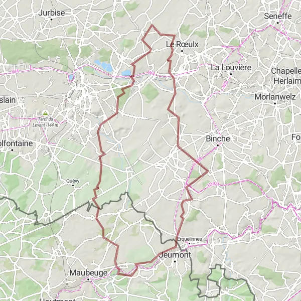 Miniature de la carte de l'inspiration cycliste "Boucle des Terrils Élesmes-Estinnes" dans la Nord-Pas de Calais, France. Générée par le planificateur d'itinéraire cycliste Tarmacs.app