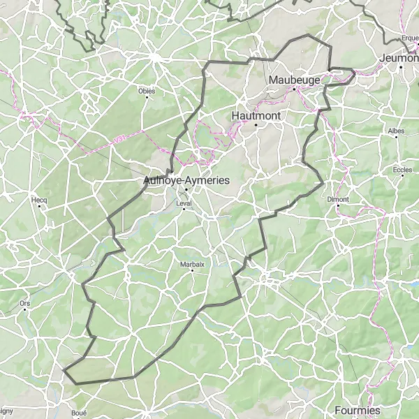 Map miniature of "The Road to Rousies" cycling inspiration in Nord-Pas de Calais, France. Generated by Tarmacs.app cycling route planner