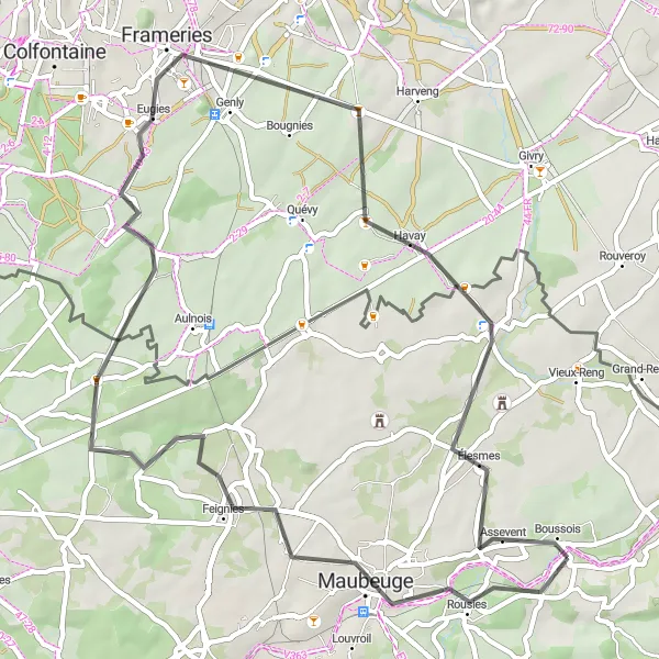 Map miniature of "Maubeuge to Assevent Road Route" cycling inspiration in Nord-Pas de Calais, France. Generated by Tarmacs.app cycling route planner