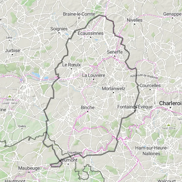 Map miniature of "Vieux-Reng to Jeumont Road Route" cycling inspiration in Nord-Pas de Calais, France. Generated by Tarmacs.app cycling route planner