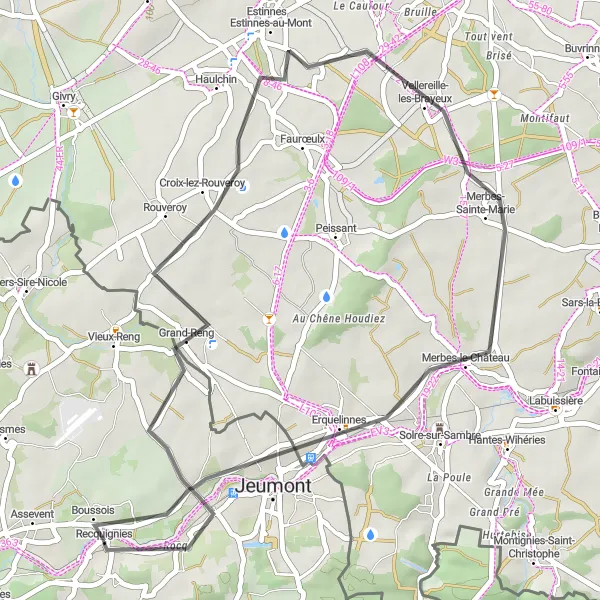 Map miniature of "Villages and Landmarks" cycling inspiration in Nord-Pas de Calais, France. Generated by Tarmacs.app cycling route planner