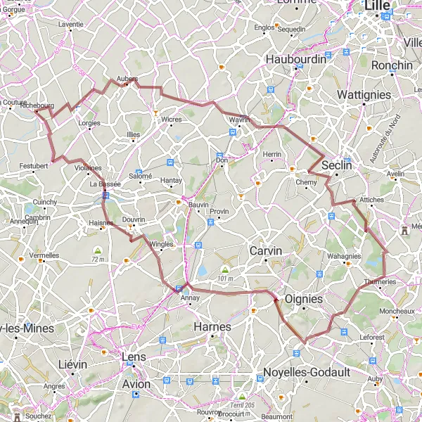 Map miniature of "Aubers to Mairie de Richebourg" cycling inspiration in Nord-Pas de Calais, France. Generated by Tarmacs.app cycling route planner