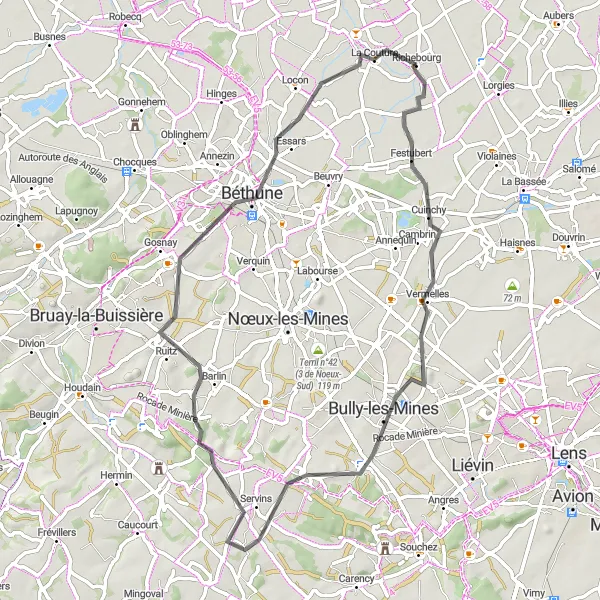 Map miniature of "The Battlefields and Mining Trails" cycling inspiration in Nord-Pas de Calais, France. Generated by Tarmacs.app cycling route planner