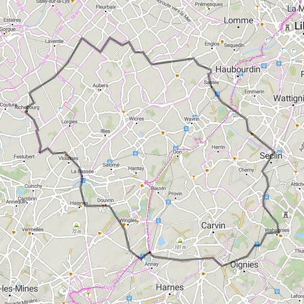 Map miniature of "Le Maisnil to Mairie de Richebourg" cycling inspiration in Nord-Pas de Calais, France. Generated by Tarmacs.app cycling route planner