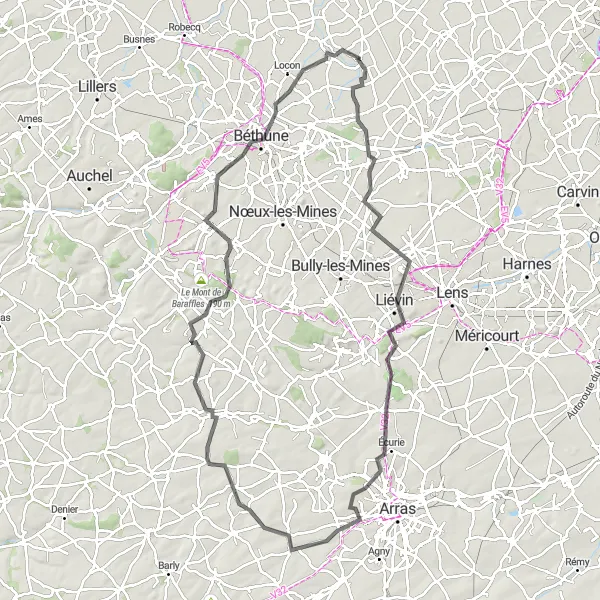 Map miniature of "Historical Landmarks and Natural Beauty" cycling inspiration in Nord-Pas de Calais, France. Generated by Tarmacs.app cycling route planner