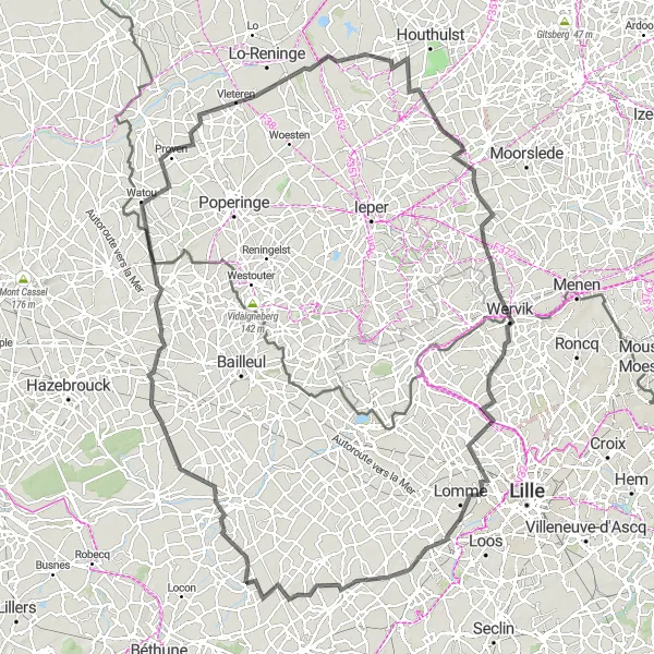 Miniature de la carte de l'inspiration cycliste "Parcours de cyclisme en aller-retour Richebourg-l'Avoué - La Gorgue - Godewaersvelde - Vleteren - Poelkapelle - Wervicq-Sud - Lambersart - Lorgies" dans la Nord-Pas de Calais, France. Générée par le planificateur d'itinéraire cycliste Tarmacs.app