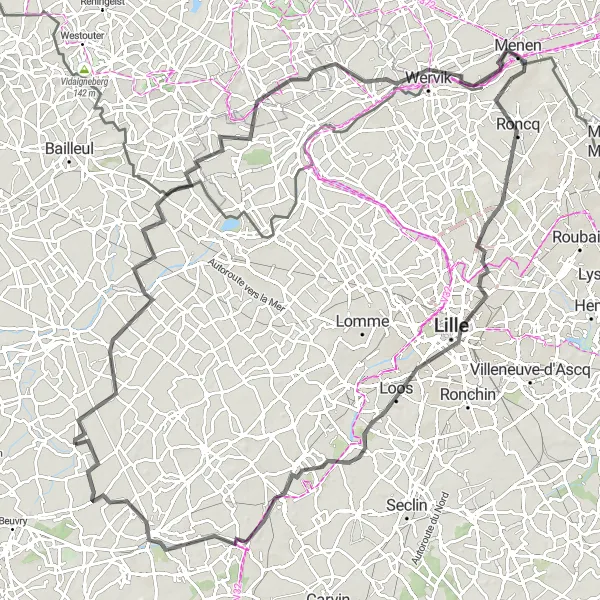 Map miniature of "Lille and Bousbecque Cycling Tour" cycling inspiration in Nord-Pas de Calais, France. Generated by Tarmacs.app cycling route planner