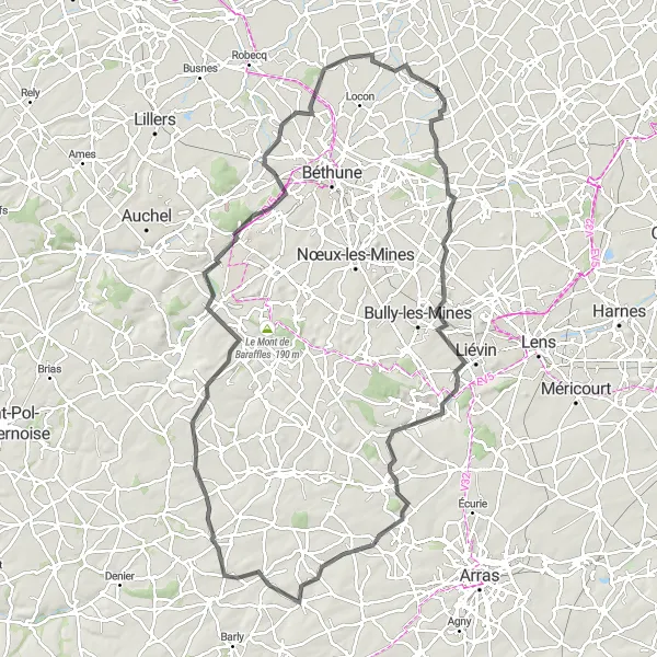 Miniature de la carte de l'inspiration cycliste "Parcours de cyclisme en aller-retour Richebourg-l'Avoué - Vermelles - T049 - Étrun - Mont César - Wanquetin - Frévillers - Terril n°12 (Usines de Labuissière Ouest) - Fouquereuil - Vieille-Chapelle" dans la Nord-Pas de Calais, France. Générée par le planificateur d'itinéraire cycliste Tarmacs.app